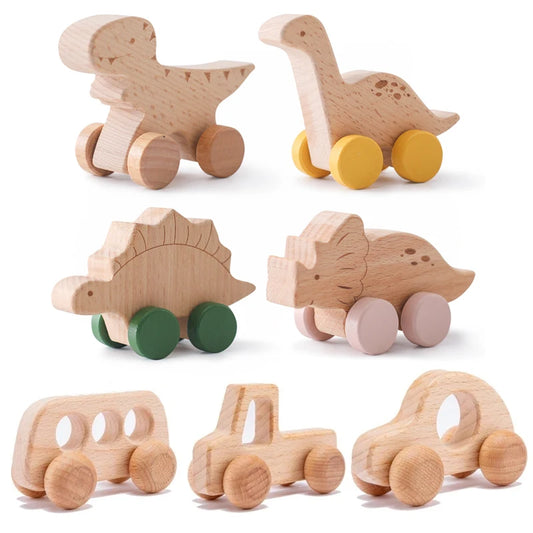 Drvene Igračke za Bebe - Drveni Auto s Dinosaurima - Edukativne Montessori Igračke za Djecu